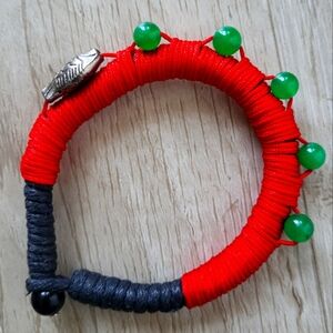 Tibetan red lucky cord fortune thread jade beads with Tibetan silver fish charm